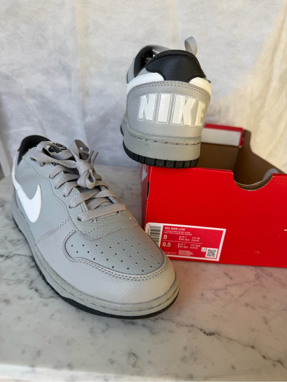Nike Big Low in light smoke grey and summit white colorway 8M 9.5W